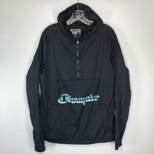 Champion Anorak Black Hooded Spellout Windbreaker Jacket Size Medium